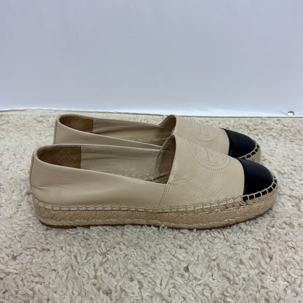 Tory Burch Benton Color Block Espadrille-Nappa Leather Size 7.5 Ivory Black‎ - Picture 5 of 11